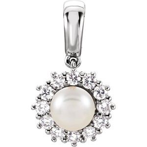 14K White Cultured White Freshwater Pearl & 1/3 CTW Natural Diamond Pendant