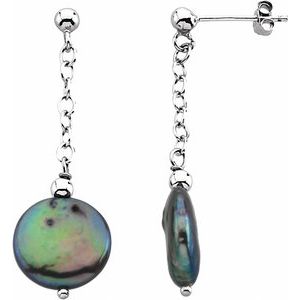 Sterling Silver Cultured Freshwater Black Coin Pearl Earrings
