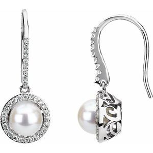 14K White Cultured White Freshwater Pearl & 1/2 CTW Natural Diamond Earrings