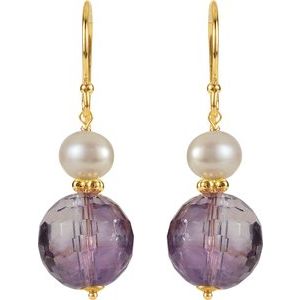 14K Yellow Natural Amethyst & Cultured White Freshwater Pearl Earrings