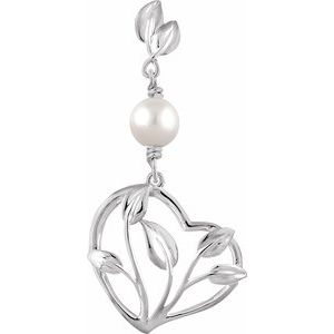 14K White Cultured White Freshwater Pearl Leaf Heart Pendant