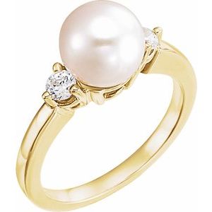 14K Yellow Cultured White Akoya Pearl & 1/4 CTW Natural Diamond Ring