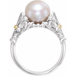 Sterling Silver & 14K Yellow Cultured White Freshwater Pearl Fleur-de-lis Ring
