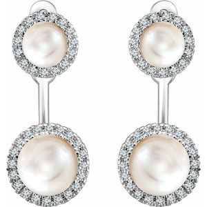 14K White Cultured White Freshwater Pearl & 1/5 CTW Natural Diamond Halo-Style Earrings