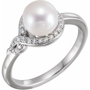 Platinum Cultured White Freshwater Pearl & 1/8 CTW Natural Diamond Bypass Ring