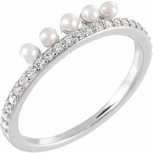 Platinum Cultured White Freshwater Pearl & 1/5 CTW Natural Diamond Stackable Ring