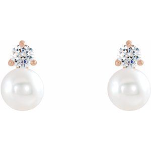 14K Rose Cultured White Freshwater Pearl  & 1/5 CTW Natural Diamond Earrings