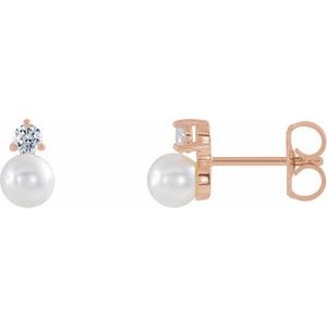 14K Rose Cultured White Freshwater Pearl  & 1/5 CTW Natural Diamond Earrings