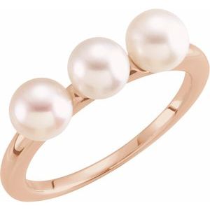 Rose Gold Cultured White Freshwater Pearl Three-Stone Ring