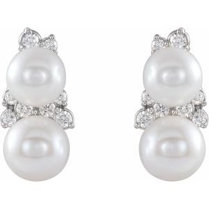 Platinum Cultured White Freshwater Pearl & 1/10 CTW Natural Diamond Ear Climbers