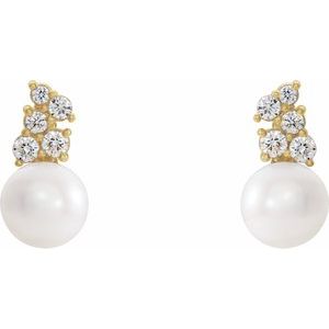 14K Yellow Cultured White Freshwater Pearl & 3/8 CTW Natural Diamond Earrings