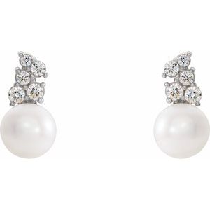 14K White Cultured White Freshwater Pearl & 3/8 CTW Natural Diamond Earrings