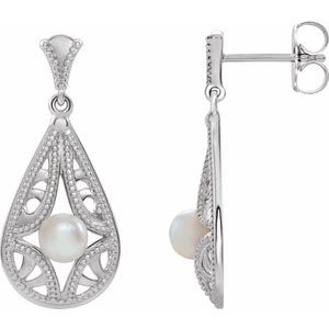Platinum Cultured White Freshwater Pearl Vintage-Inspired Earrings