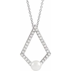 Platinum Cultured White Freshwater Pearl & 1/4 CTW Natural Diamond Geometric 16-18" Necklace