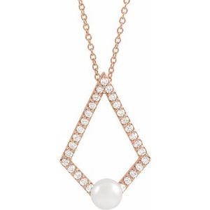 14K Rose Cultured White Freshwater Pearl & 1/4 CTW Natural Diamond Geometric 16-18" Necklace