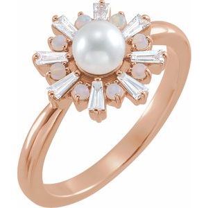 Rose Gold Cultured White Akoya Pearl, Natural White Opal & 1/4 CTW Natural Diamond