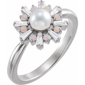 Sterling Silver  Cultured White Akoya Pearl, Natural White Opal & 1/4 CTW Natural Diamond