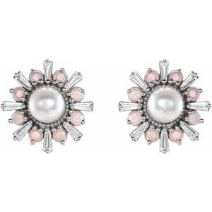 14K White Cultured White Akoya Pearl, Natural White Opal & 1/6 CTW Natural Diamond Earrings