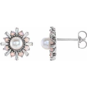 Platinum Cultured White Akoya Pearl, Natural White Opal & 1/6 CTW Natural Diamond Earrings