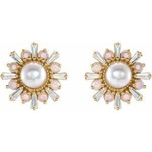 14K Yellow Cultured White Akoya Pearl, Natural White Opal & 1/6 CTW Natural Diamond Earrings
