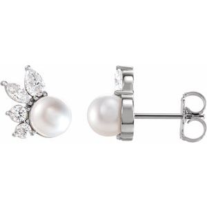 Sterling Silver Cultured White Akoya Pearl & 1/2 CTW Natural Diamond Earrings
