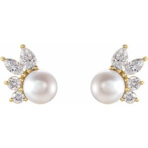 14K Yellow Cultured White Akoya Pearl & 1/2 CTW Natural Diamond Earrings