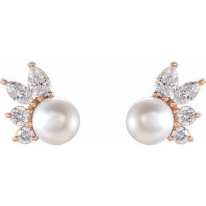 14K Rose Cultured White Akoya Pearl & 1/2 CTW Natural Diamond Earrings