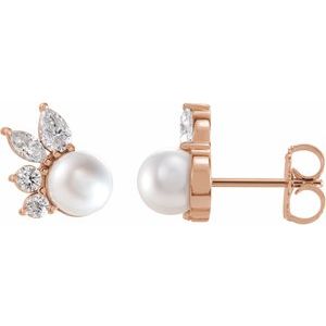 14K Rose Cultured White Akoya Pearl & 1/2 CTW Natural Diamond Earrings