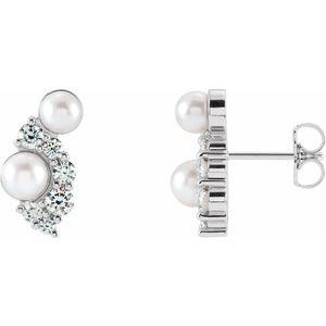 Sterling Silver Cultured White Akoya Pearls & 1/2 CTW Natural Diamond Earrings