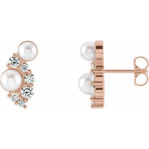14K Rose Cultured White Akoya Pearls & 1/2 CTW Natural Diamond Earrings