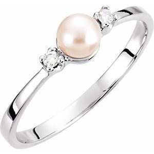 14K White Cultured White Akoya Pearl & .04 CTW Natural Diamond Ring