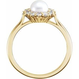 14K Yellow Cultured White Freshwater Pearl & 3/8 CTW Natural Diamond Ring