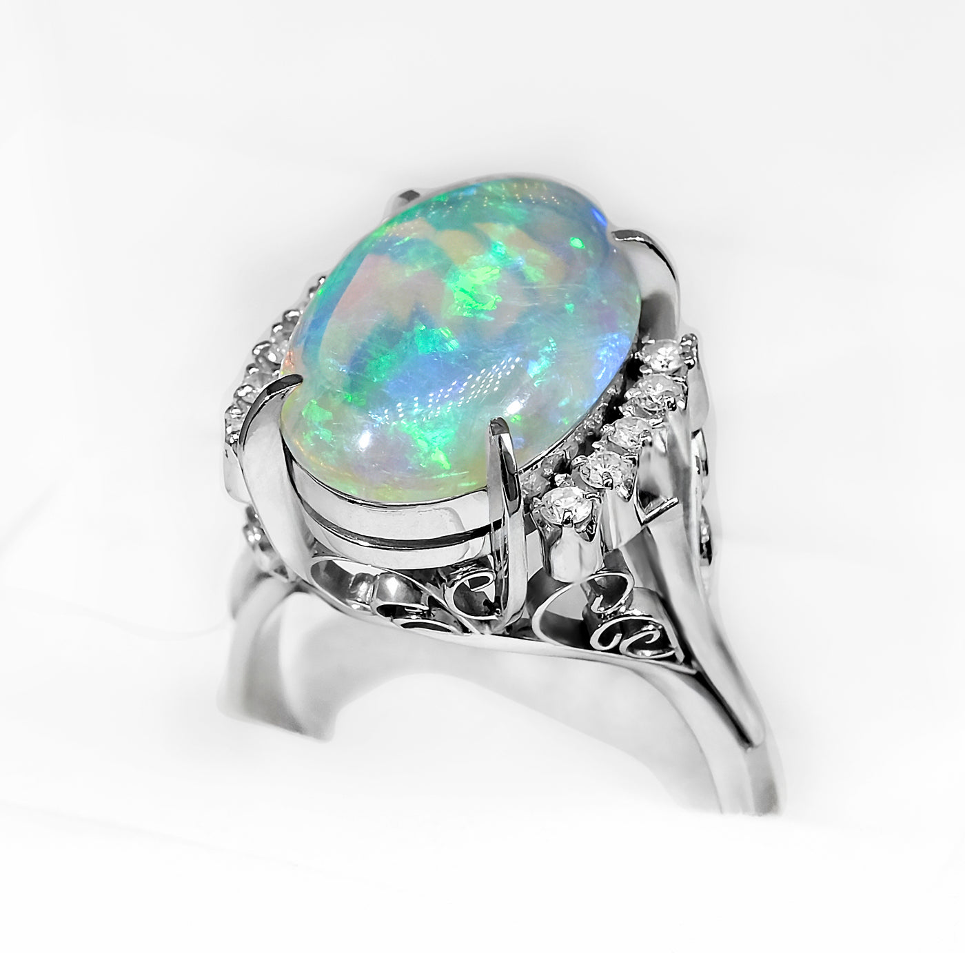 Solid Opal & Diamond Platinum Ring