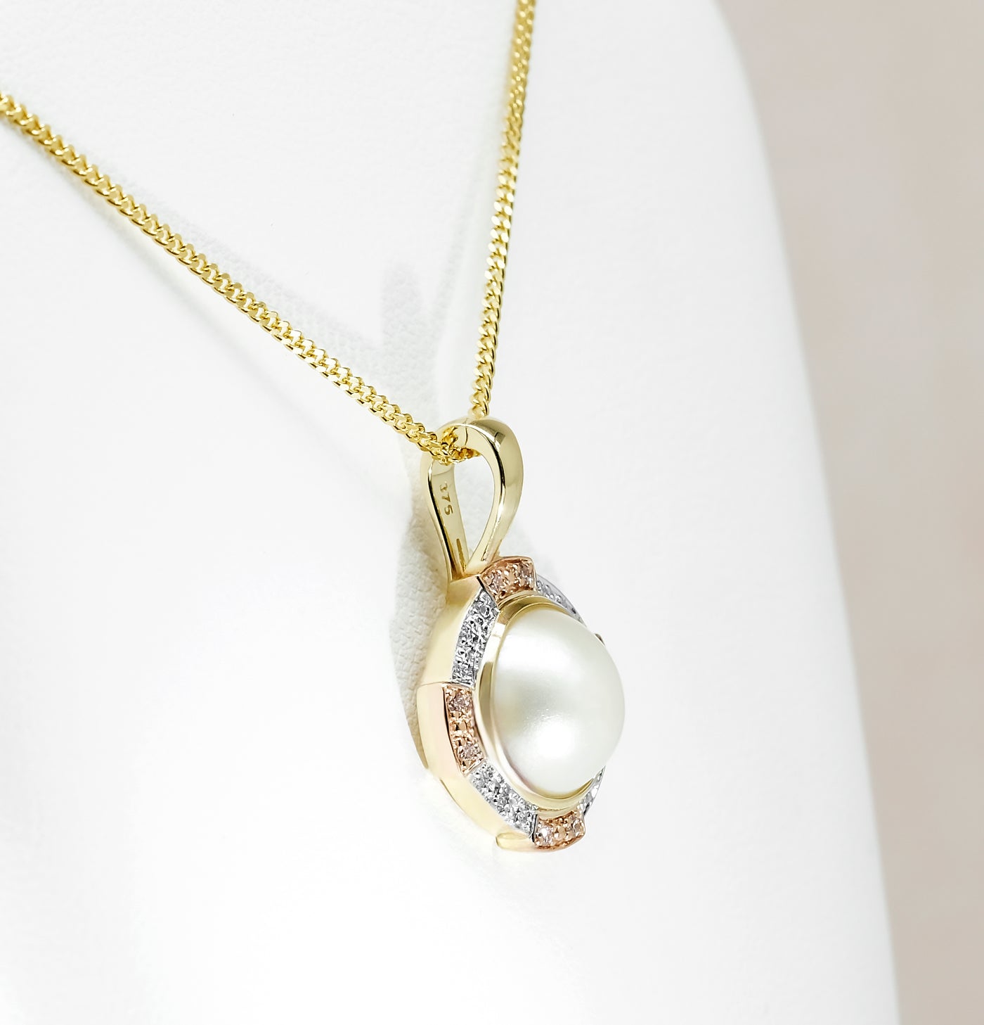 9K Yellow Gold Pearl & White, Pink Diamond Pendant
