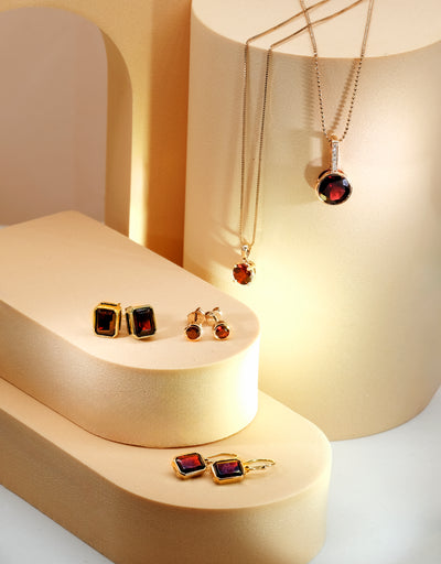 9K Yellow Gold Garnet Studs Emerald Cut Earrings