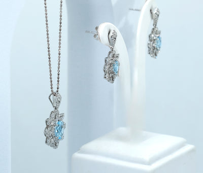 14K White Gold Aquamarine  & Diamond Earrings