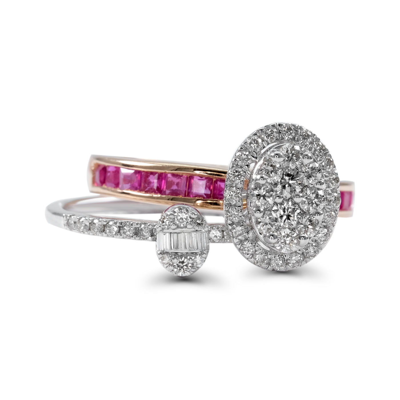 White and Rose Gold, Ruby and Diamond Rings