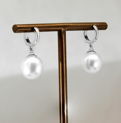 Autore Pearls Sterling Silver 18K White Gold Plated South Sea Pearl & Diamond Earrings