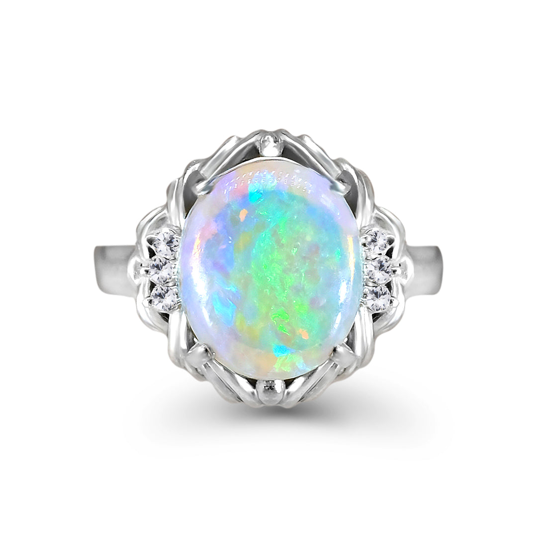 Platinum Solid Opal & Diamond Ring