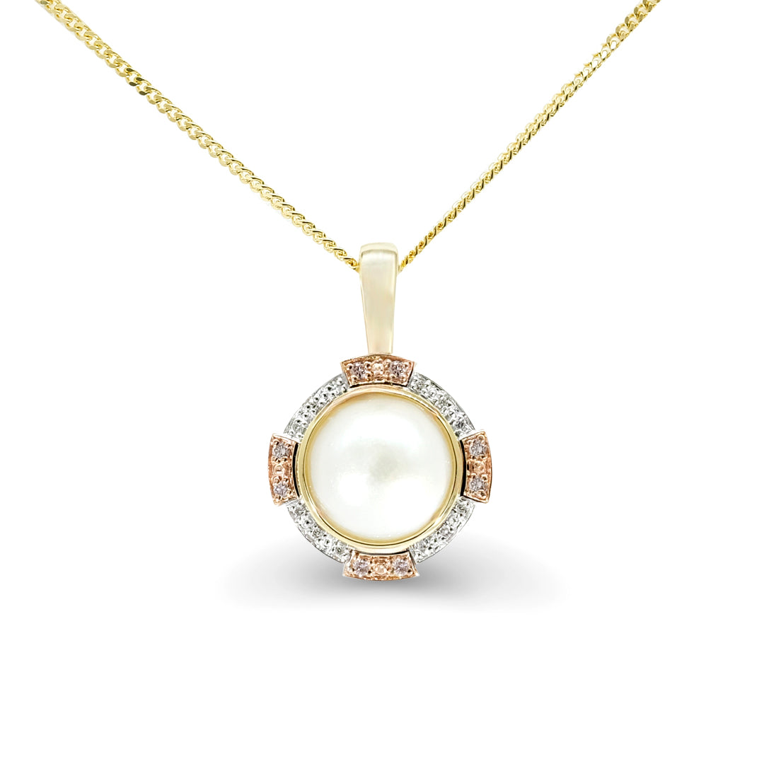 9K Yellow Gold Pearl & White, Pink Diamond Pendant