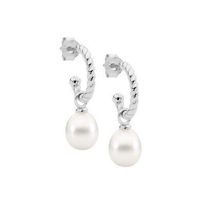 ELLANI Sterling Silver Twist Hoop Earrings with Freshwater Pearls