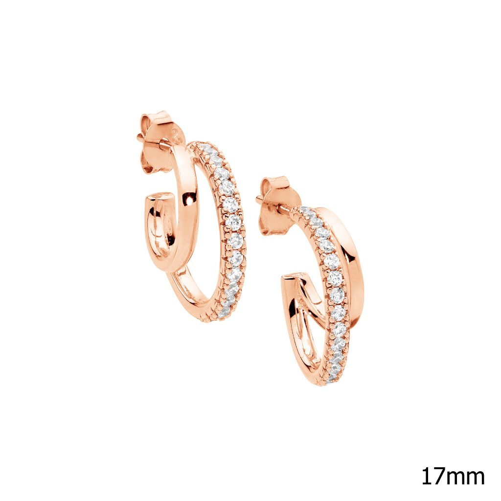 Ellani Rose Gold Plated Double Hoop Earrings with Cubic Zirconia