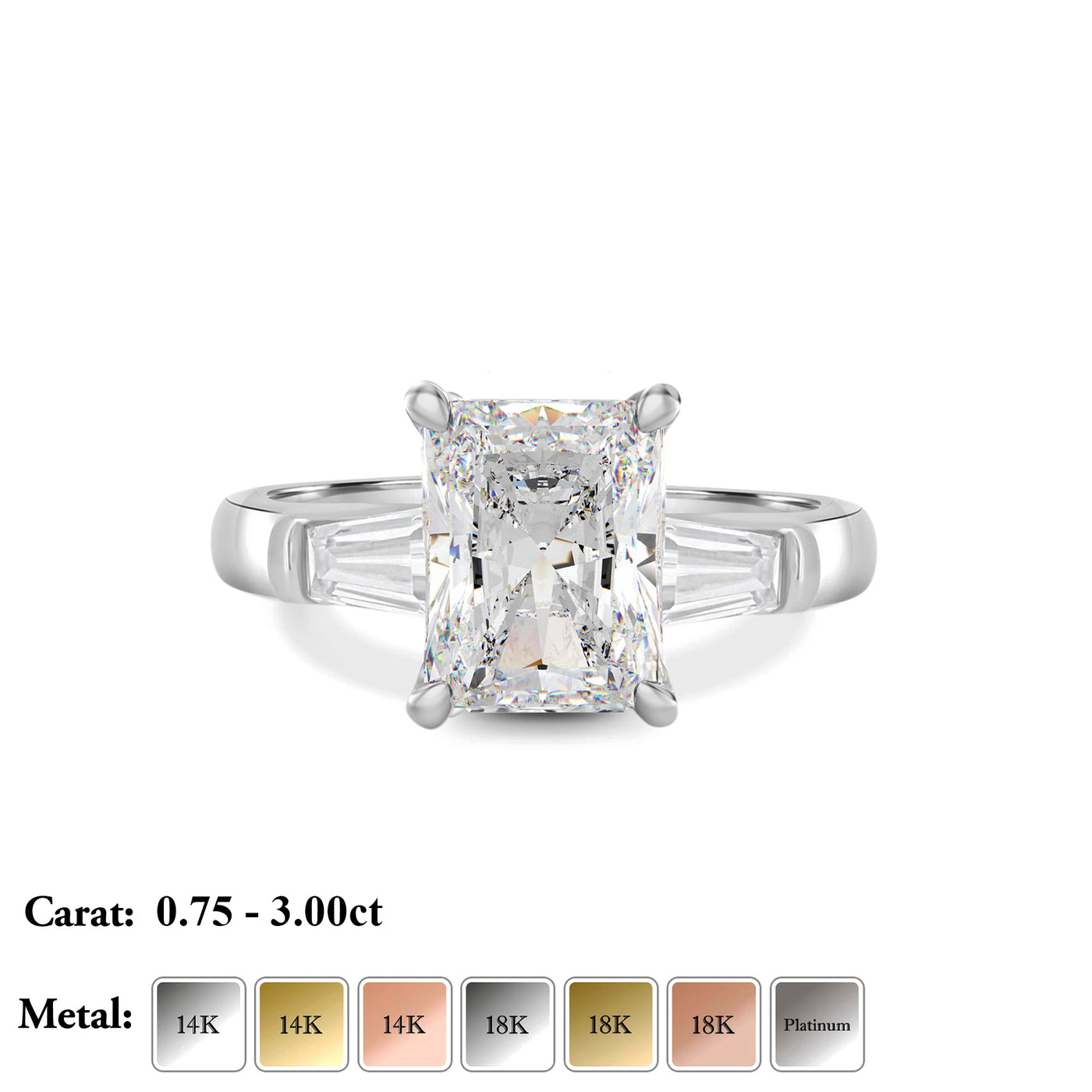 Radiant Lab Grown Diamond Engagement Ring with Tapered Baguette Side Accents - Emilia