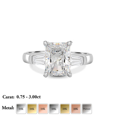 Radiant Lab Grown Diamond Engagement Ring with Tapered Baguette Side Accents - Emilia