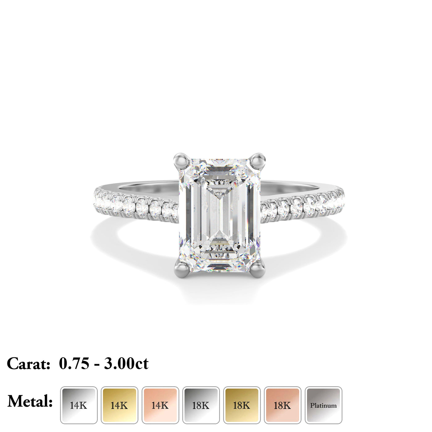 Emerald cut Lab Grown Diamond Engagement Ring with Pave Band- Kensington
