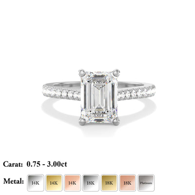 Emerald cut Lab Grown Diamond Engagement Ring with Pave Band- Kensington