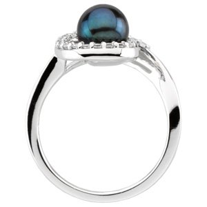 14K White Cultured Black Akoya Pearl & 1/4 CTW Natural Diamond Ring