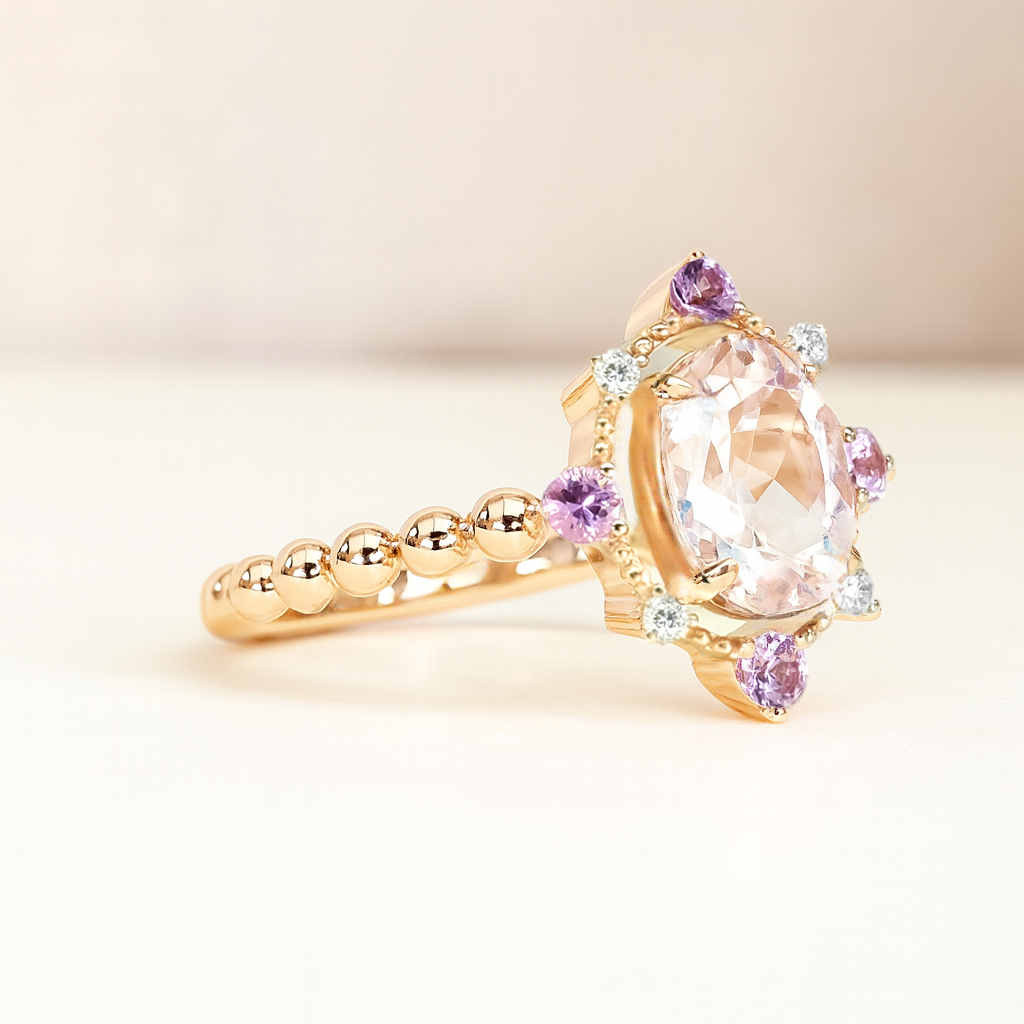 14K Rose Gold Morganite, Diamond and Amethyst Ring