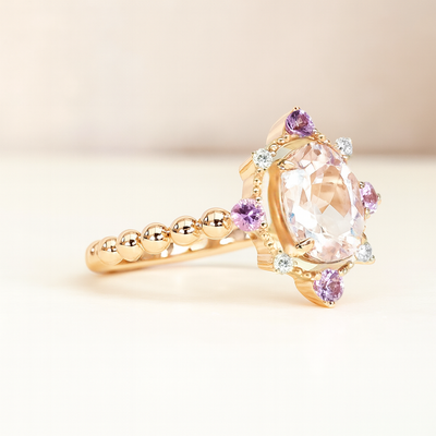 14K Rose Gold Morganite, Diamond and Amethyst Ring