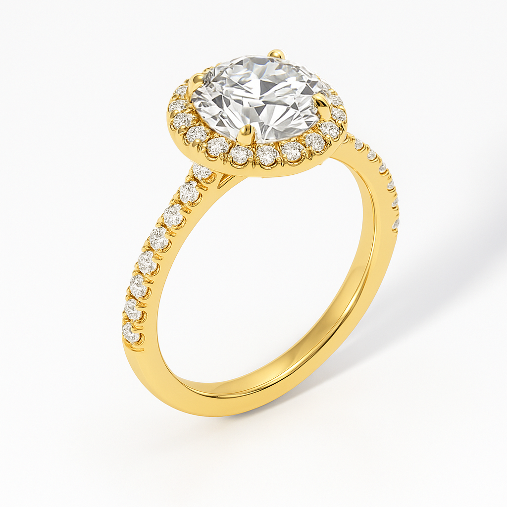 The Juliana Ring – Diamond Halo Solitaire with Pavé Shoulders